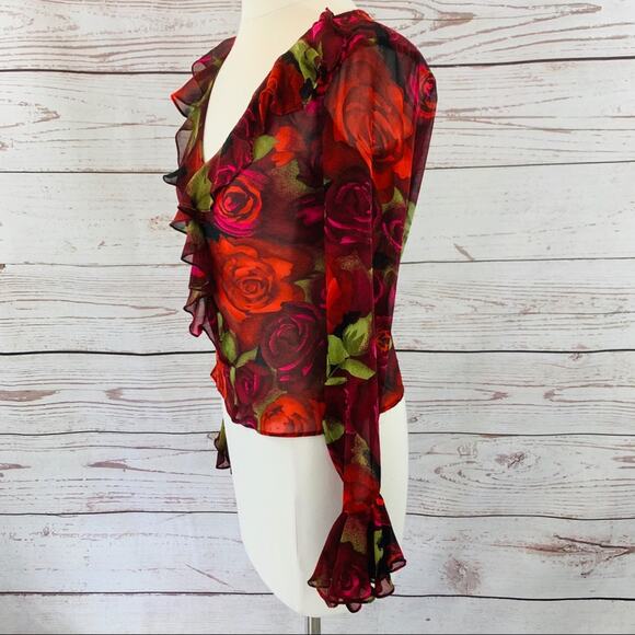 Cache sheer floral rose red black ruffle neck - Picture 7 of 9